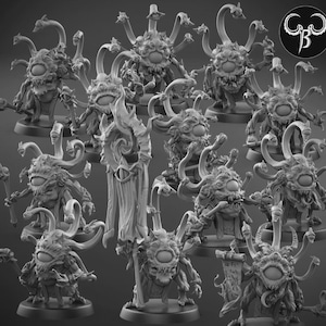 May include: A collection of detailed, gray miniature figurines of fantasy creatures with a central eye, multiple tentacles, and various accessories. The figures are posed on round bases, suitable for tabletop gaming or display.