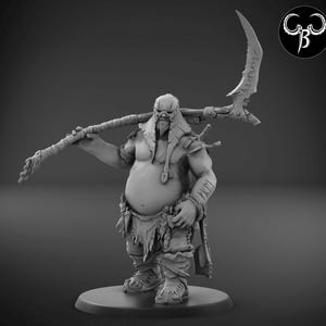 May include: A grey, 3D printed miniature of a large, stout, humanoid figure with a beard and a large, curved weapon. The figure is wearing a loincloth and has a large, curved weapon slung over its shoulder.