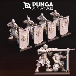 May include: Miniature figurines of armed soldiers with shields. The figures are in a battle stance, holding rifles and shields. The shields have a decorative design. The figures are on black bases. The logo "PUNGA MINIATURES" is in the top left corner.