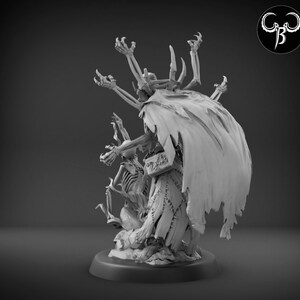 May include: A detailed miniature of a skeletal figure with multiple arms, wearing a tattered cloak and holding a staff. The figure is standing on a circular base.