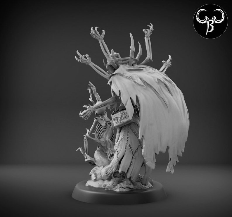 May include: A detailed miniature of a skeletal figure with multiple arms, wearing a tattered cloak and holding a staff. The figure is standing on a circular base.