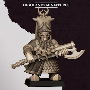 May include: A detailed miniature figure of a dwarf warrior, holding a large axe. The figure is clad in armour with a helmet and long beard. The base is black, and the figure is a bronze colour. The text "HIGHLANDS MINIATURES" is at the top.
