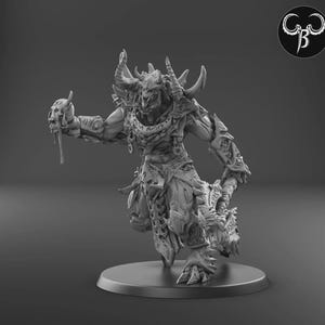 May include: A detailed grayscale figurine of a horned, armored creature with a menacing expression. The figure is posed dynamically, holding a weapon and a dripping object. The base is a dark gray circle, and a logo is in the upper right corner.