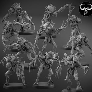 May include: A set of eight detailed, gray, miniature figures of humanoid creatures with tree-like features. The figures have multiple limbs and eyes, and some have leafy appendages. The figures are posed in various dynamic stances.