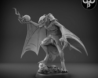 May include: A gray, detailed miniature figurine of a bat-like creature with wings outstretched, holding a skull in its hand. The creature is standing on a base with a skull and bones.