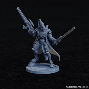 May include: A grey plastic miniature figure of a warrior holding a rifle and a sword. The figure is wearing a long coat and has a helmet on. The figure is standing on a round base.