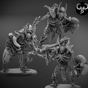 May include: Three detailed skeletal figures with bony armor and weapons, posed in a dynamic battle scene. The figures are sculpted in a gray, unpainted resin.