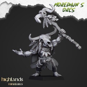 Könnte beinhalten: Graue Miniaturfigur eines Ork-Kriegers, der einen Stab mit Schädel- und Federdesign hält. Der Ork hat eine Bullenschädelmaske und ist mit Federn und Seilen geschmückt. Der Text "MOREDHUN'S ORCS" ist sichtbar.