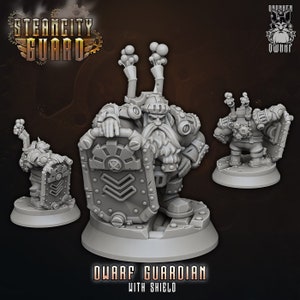 May include: A grey, 3D printed miniature of a dwarf warrior with a shield and steampunk-style gear. The dwarf is holding a large, round shield with a gear design. The miniature is on a circular base.