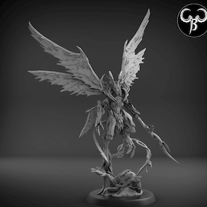 May include: A detailed, gray, 3D printed miniature of an angel with large wings, a horned head, and a body made of vines and leaves. The angel is holding a spear in its right hand and is standing on a base with a tree trunk.