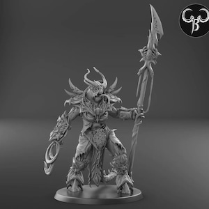 May include: A detailed grayscale figurine of a horned demon warrior, holding a spear with an ornate blade. The figure is heavily armored with intricate designs and stands on a circular base. A logo is in the upper right corner.