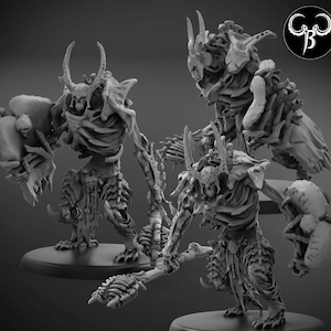 May include: Four detailed skeletal figures with horns and bony protrusions, posed in a dynamic arrangement. The figures are made of a gray, textured material and appear to be part of a tabletop game or miniature collection.