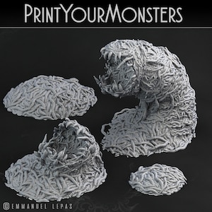 May include: A 3D printed model of a monster made of writhing worms. The monster is in four different poses, including a standing pose, a crawling pose, and a curled-up pose. The model is printed in a light gray color.
