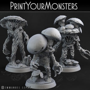 May include: Three 3D printed miniature mushroom monsters. The monsters are gray and have a textured surface. The monsters are standing on circular bases.