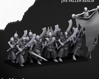 May include: A set of 9 skeletal figures in black robes, holding swords and shields. The figures are arranged in a line, with a banner behind them that reads "Transilvanya The Fallen Realm".