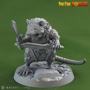 May include: A gray 3D printed miniature of a rat-like creature holding a sword. The creature has a fierce expression and is standing on a rocky base. The miniature is part of a set of fantasy creatures for tabletop gaming.