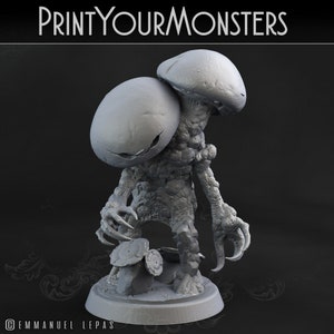 May include: A gray, 3D printed miniature of a mushroom monster with two mushroom heads. The monster has a textured, rocky body and clawed hands. The miniature is on a round base.
