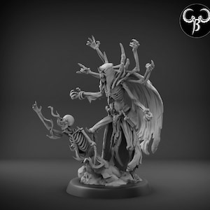 May include: A skeletal figure with multiple arms and a hooded cloak stands over a smaller skeletal figure. Both figures are made of gray plastic and appear to be part of a tabletop game or miniature collection.