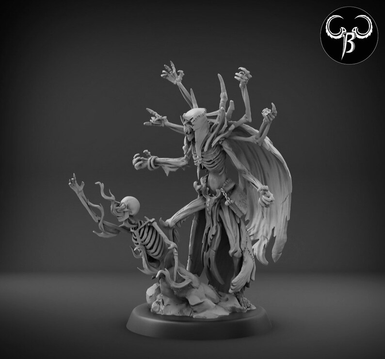 May include: A skeletal figure with multiple arms and a hooded cloak stands over a smaller skeletal figure. Both figures are made of gray plastic and appear to be part of a tabletop game or miniature collection.