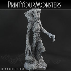 May include: A 3D printed miniature of a tree creature with a humanoid form. The creature is made of bark and leaves, and has a long, flowing beard. The miniature is painted in a gray color.
