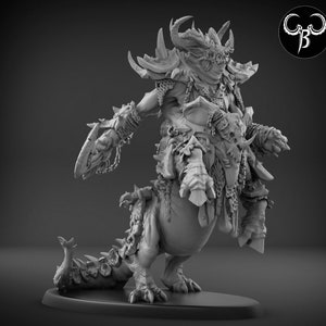 May include: A grey, detailed miniature of a monstrous creature with horns, claws, and a spiked tail. The creature is wearing armour and holding a weapon.