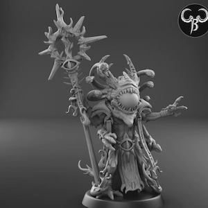 May include: A detailed grayscale figurine of a fantasy creature with multiple eyes, a large central eye, and a toothy mouth. The creature is holding a staff with an ornate, eye-shaped top. The figurine is on a round base.
