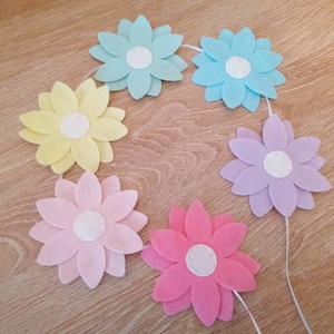 Pastel flower garland, pastel nursery decor, girls bedroom decor, felt flower bunting, rainbow decor, pastel baby shower decorations