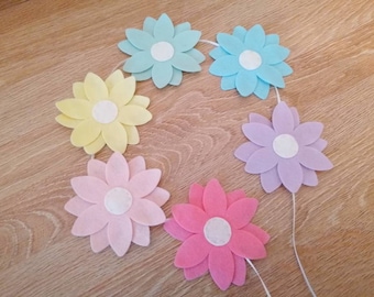 Pastel flower garland, pastel nursery decor, girls bedroom decor, felt flower bunting, rainbow decor, pastel baby shower decorations