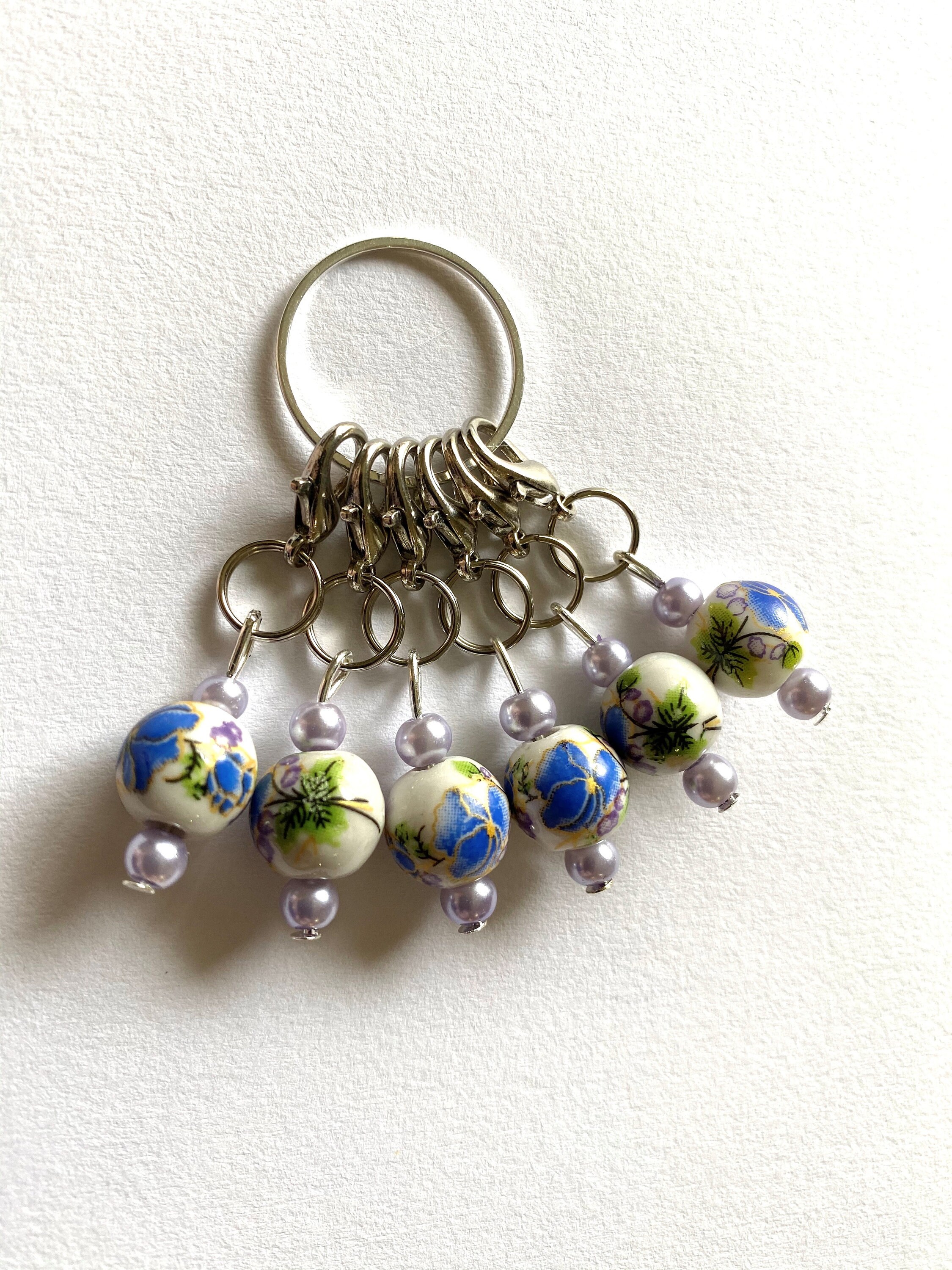 Handmade Beaded Stitch Markers Set of 6 Blue & White Ceramic Etsy