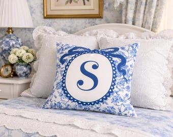 Monogram Pillow Cover Custom Design Bow Accent Chinoiserie Pattern Blue White Floral Motif Bedroom Decor Elegant Touch Personalized Gift