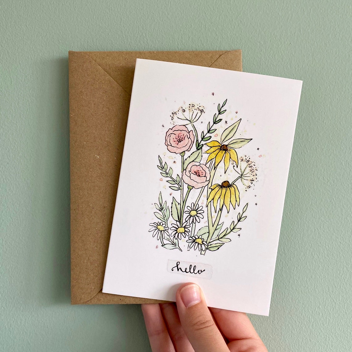 Floral Greeting Card // A6 Pink Hello Flowers // Flower Gift Etsy