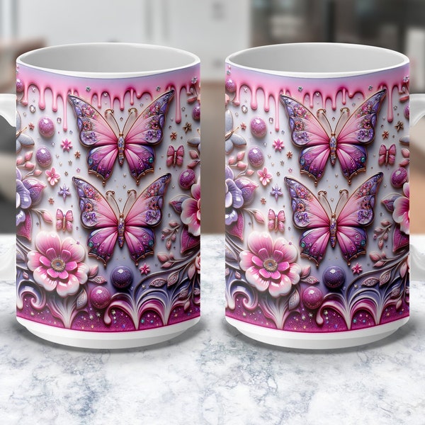 Floral Butterfly Fantasy Mug, Pink Symmetrical Art Coffee Cup, Unique Decorative Designer Mug