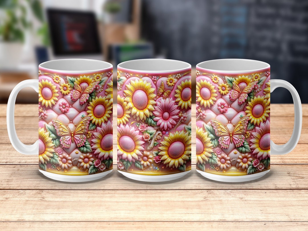 Floral Pink and Yellow Mug, Daisy and Rose 3D Print Design, Elegant