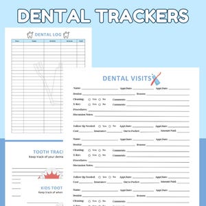 Cuadro de salud dental imprimible, registro de cepillado e higiene dental, registro de limpieza de la visita al dentista, diario de rutina de cuidado dental para niños