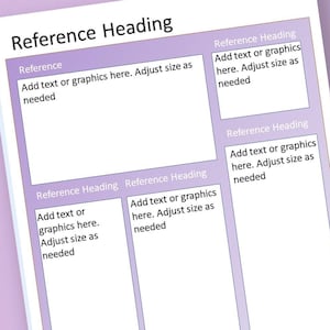 May include: A printable cheat sheet template with four sections for adding text or graphics. Each section has a heading labeled "Reference Heading". The template is on a purple and pink gradient background.