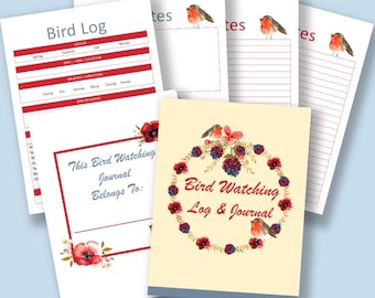 May include: Printable bird watching journal with a red bird and floral design. The journal includes a bird log, monthly calendar pages, and lined pages for notes. The text "Bird Watching Journal" and "Log & Journal" are included in the image.