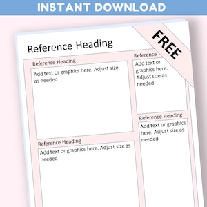 May include: A printable cheat sheet template with a pink background and black text. The template has three sections with headings "Reference Heading" and "Reference". Each section has space for text or graphics. The text "FREE" is in a yellow banner at the top right corner.