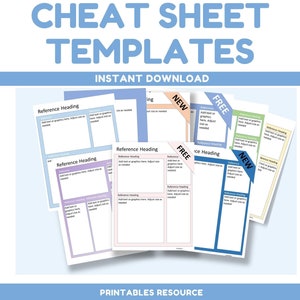 Può includere: Una raccolta di modelli di cheat sheet stampabili con sfondi e intestazioni di diversi colori. I modelli sono progettati per riferimento e includono spazio per testo e grafica. Alcuni modelli sono etichettati come "NUOVO" e "GRATUITO".