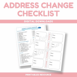 Könnte beinhalten: Eine druckbare Checkliste für die Adressänderung. Die Checkliste enthält Kategorien für Dienstleistungen im Haushalt, professionelle Dienstleistungen, Behörden und Gemeinde. Es gibt auch druckbare Etiketten mit der Aufschrift "Fragile" mit Platz zum Schreiben der Etage und der Zimmernummer.