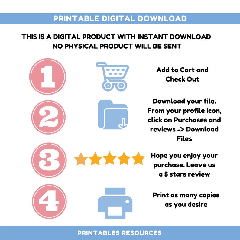 May include: A pink and blue graphic with four steps to download a digital product. Step 1: Add to Cart and Check Out. Step 2: Download your file. From your profile icon, click on Purchases and reviews -> Download Files. Step 3: Five gold stars. Hope you enjoy your purchase. Leave us a 5 stars review. Step 4: Print as many copies as you desire. PRINTABLES RESOURCES.