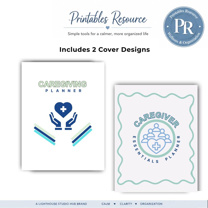 Two printable binder cover design options included with the caregiver essentials binder to personalize and organize health records.
