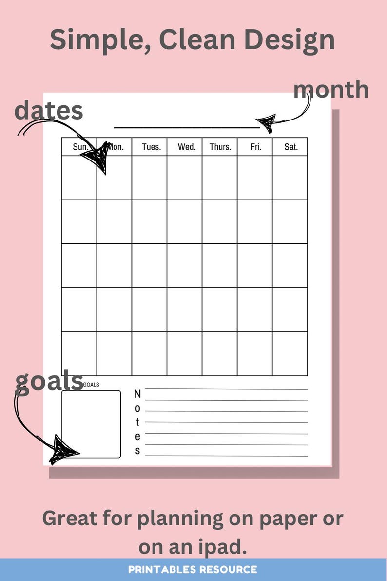 Undated Monthly Calendar Printable: Vertical Planner Template (PDF ...