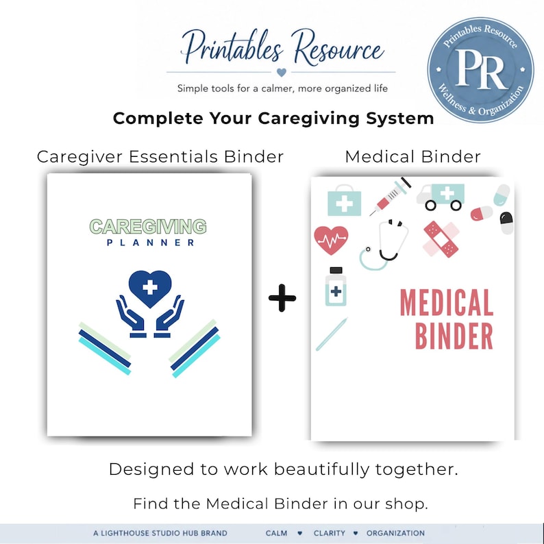 Caregiver Essentials Binder and Medical Binder printables displayed side by side as a complete caregiving organization system for managing daily care and medical records.