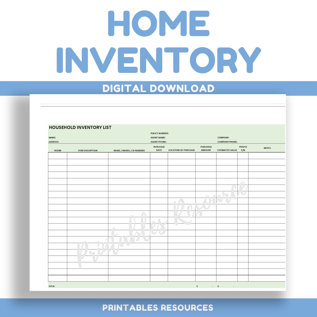 Editable Inventory List Printable House Inventory List Spreadsheet ...