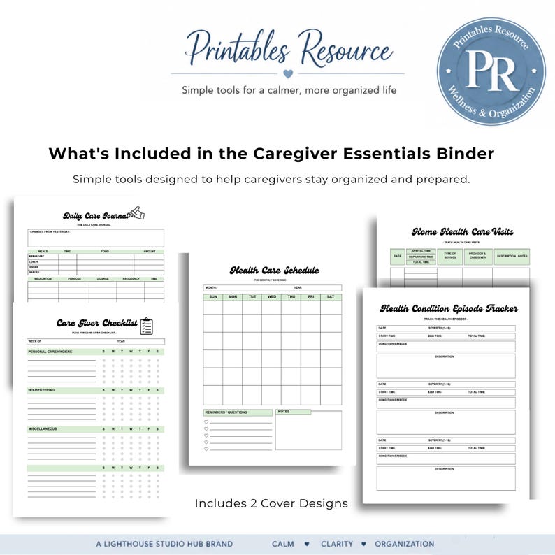 Caregiver essentials binder printable showing included pages such as daily care journal, health schedule, medical quick view, episode tracker, and caregiver checklists.