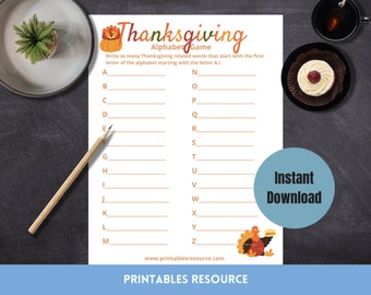 Printable Thanksgiving Game A-Z | Friendsgiving Game Printable | Family Game Night Printable