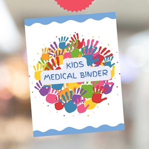 Puede incluir: Portada de carpeta m&eacute;dica para ni&ntilde;os imprimible con un dise&ntilde;o colorido de huellas de manos en c&iacute;rculo. El texto "Kids Medical Binder" est&aacute; en un rect&aacute;ngulo blanco.