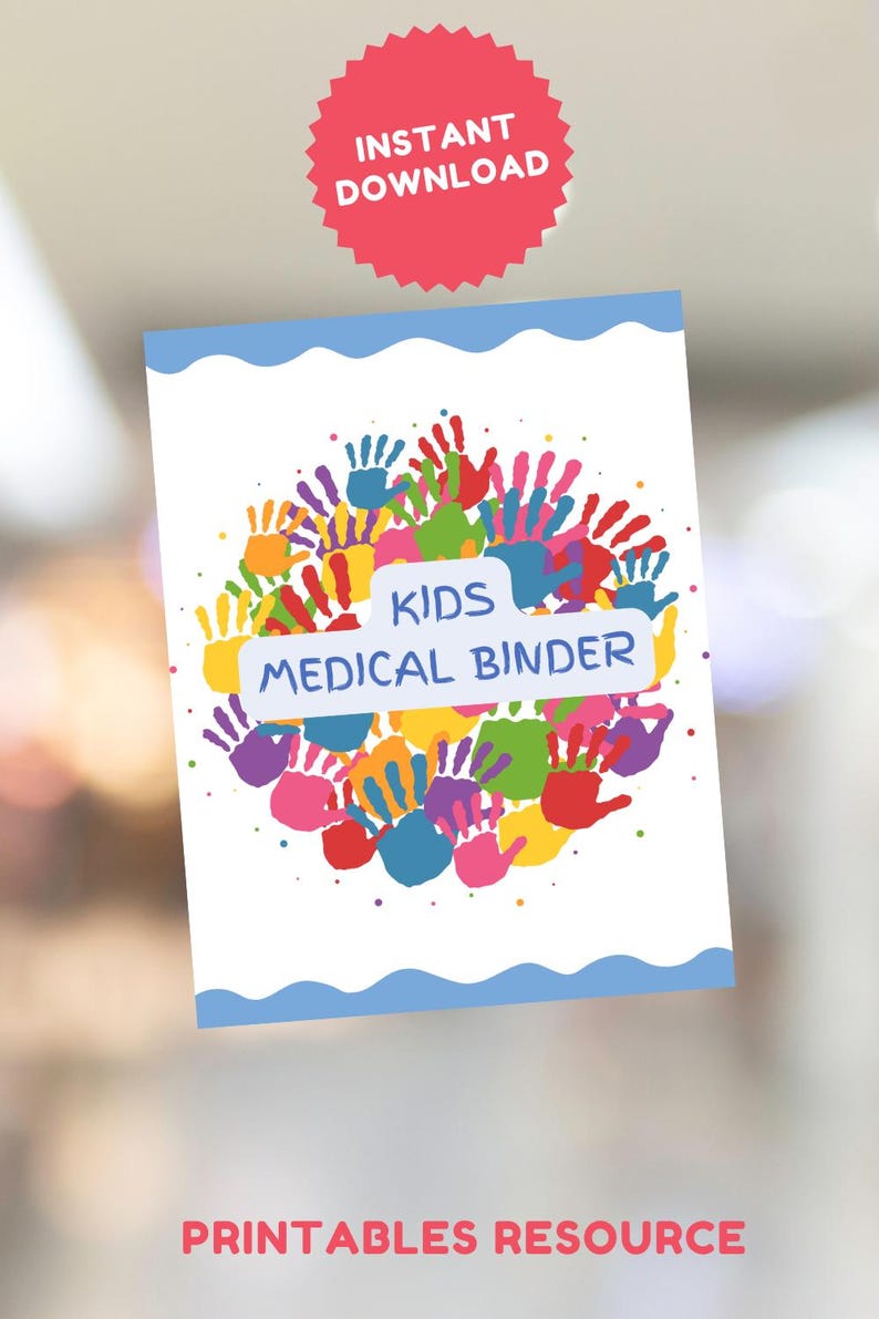 Puede incluir: Portada de carpeta m&eacute;dica para ni&ntilde;os imprimible con un dise&ntilde;o colorido de huellas de manos en c&iacute;rculo. El texto "Kids Medical Binder" est&aacute; en un rect&aacute;ngulo blanco.