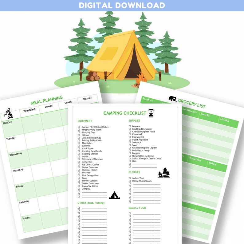 Printable checklists for your family camping trip! Green and white checklist, meal planning and grocery list pages.