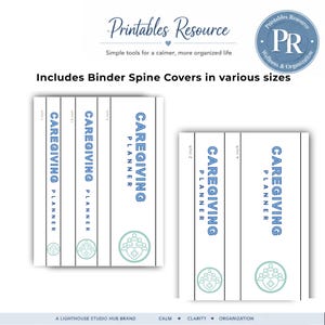 May include: A set of printable binder spine covers labeled Caregiving Planner in blue text. The covers include sizes of 1 inch, 1.5 inch, 2 inch, 3 inch, and 4 inches. Each spine features a light green circular icon with a heart and figures.